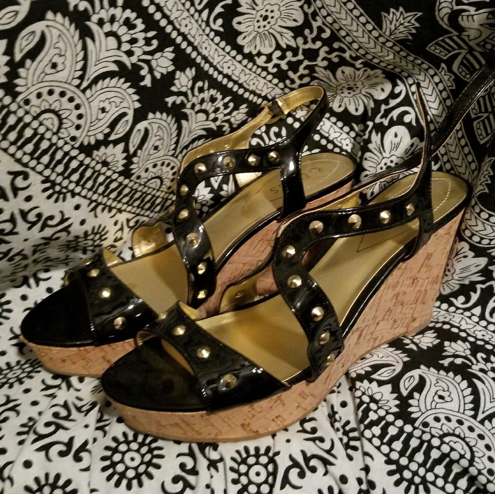 Guess Black and Gold Cork Wedges